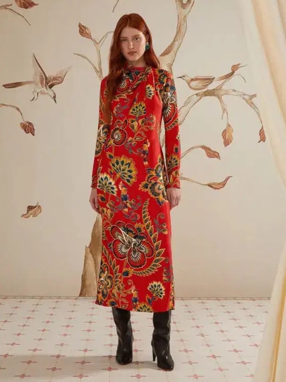 FARM Rio Red Floral Dress with Multicolor Botanical Tropical Print